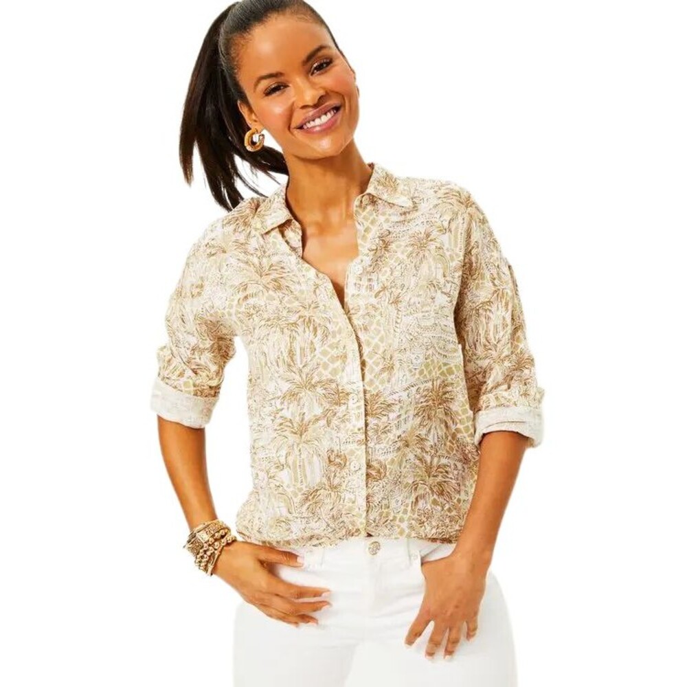 Lilly Pulitzer Stevey Linen NWT Button Down Shirt M Sand Bar Palm Beach Paradise